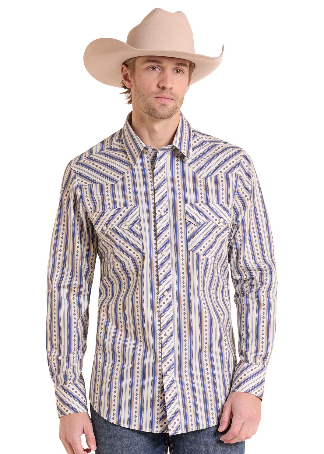 Man wearing a Powder Blue Diamond Striped Long Sleeve Snap Shirt.