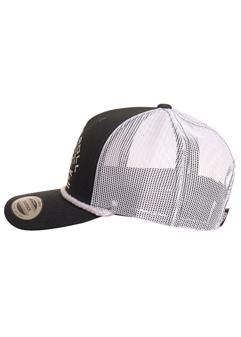 The Rock & Roll Black Aztec Cap by Rock & Roll Denim features a solid black front, white mesh sides and back, a curved brim with sticker, and an adjustable snapback closure, shown in a side view.