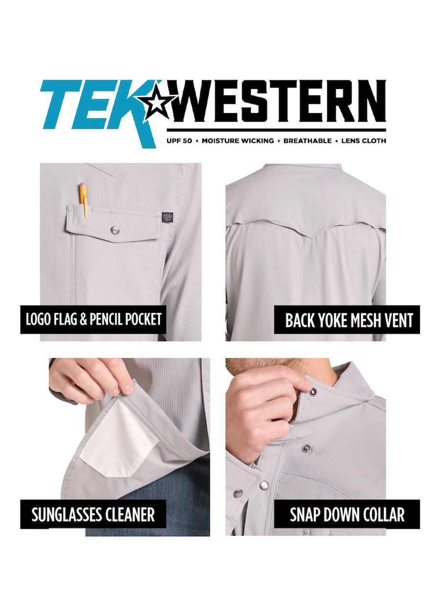 A product feature collage for the TEK Western performance shirt. The graphic shows four panels highlighting specific features: a logo flag and pencil pocket, a back yoke mesh vent, a sunglasses cleaner pocket, and a snap-down collar, with close-up views of the shirt's fabric and construction.