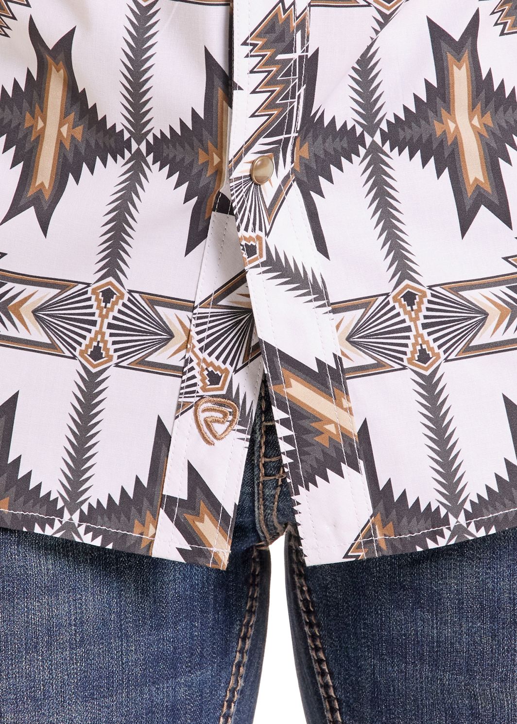Detail of the front snaps on a White Aztec Long Sleeve Snap Shirt