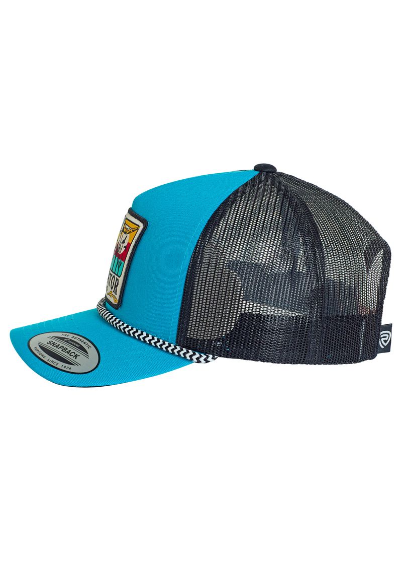 The Dale Brisby Radiator Ranch Cap by Rock & Roll Denim features a turquoise and black design, mesh back, flat brim, snapback closure, front patch, and a black-and-white rope detail above the brim.