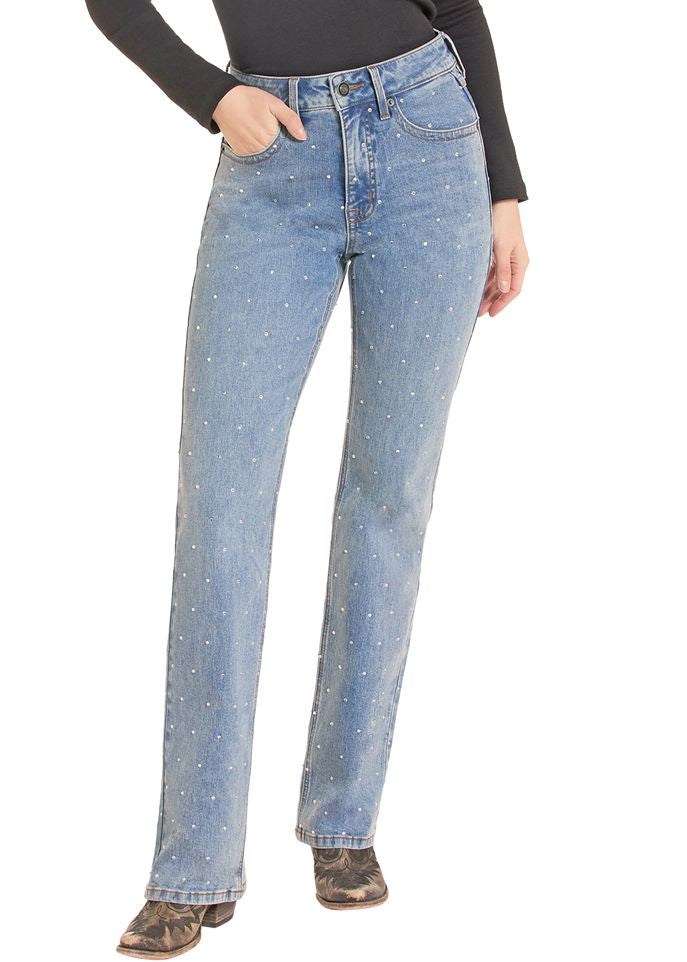 Woman wearing light wash rhinestone jeans.