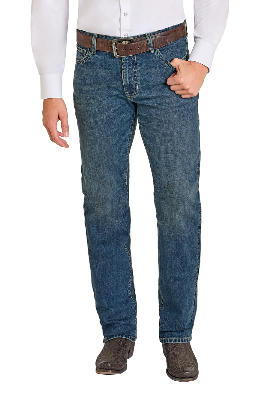 Man wearing a white button-up shirt, blue jeans, and a beige cowboy hat on a white background