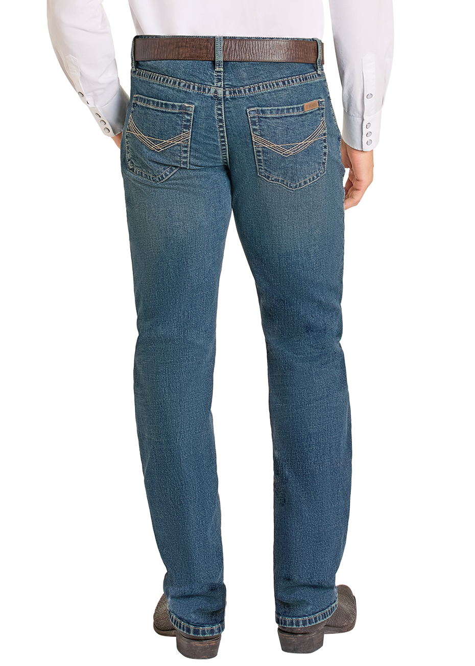 Man wearing a white shirt, blue jeans, and a beige cowboy hat on a white background