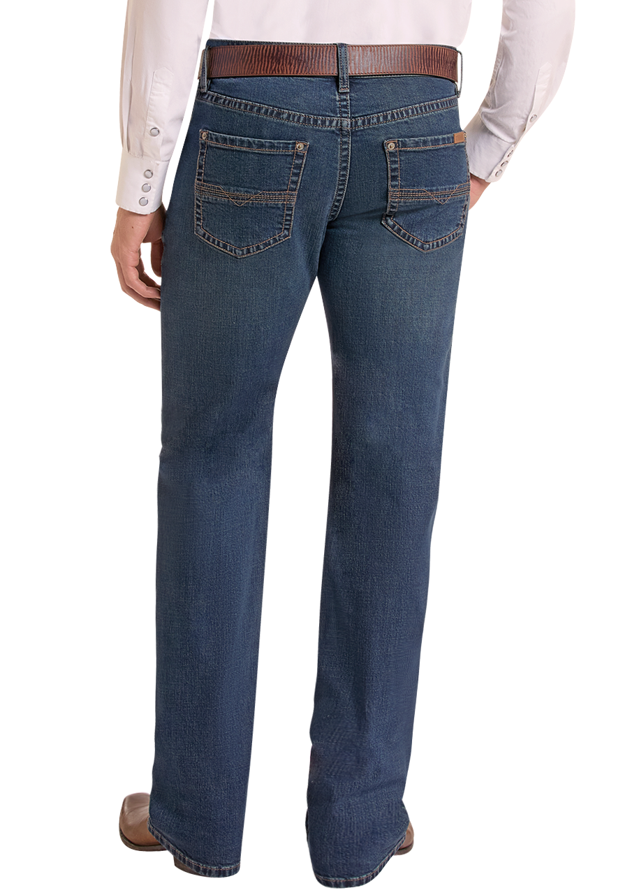A man shown from the back wearing a light pink long-sleeve button-down shirt, blue jeans, a brown belt, and a beige cowboy hat, against a plain white background.