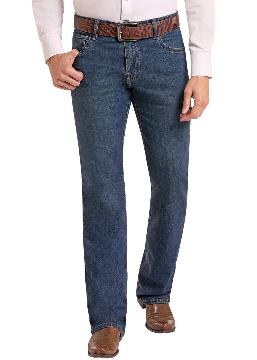 A man modeling a white long-sleeve western shirt with two chest pockets, paired with blue jeans, a brown belt, and a beige cowboy hat against a plain white background.