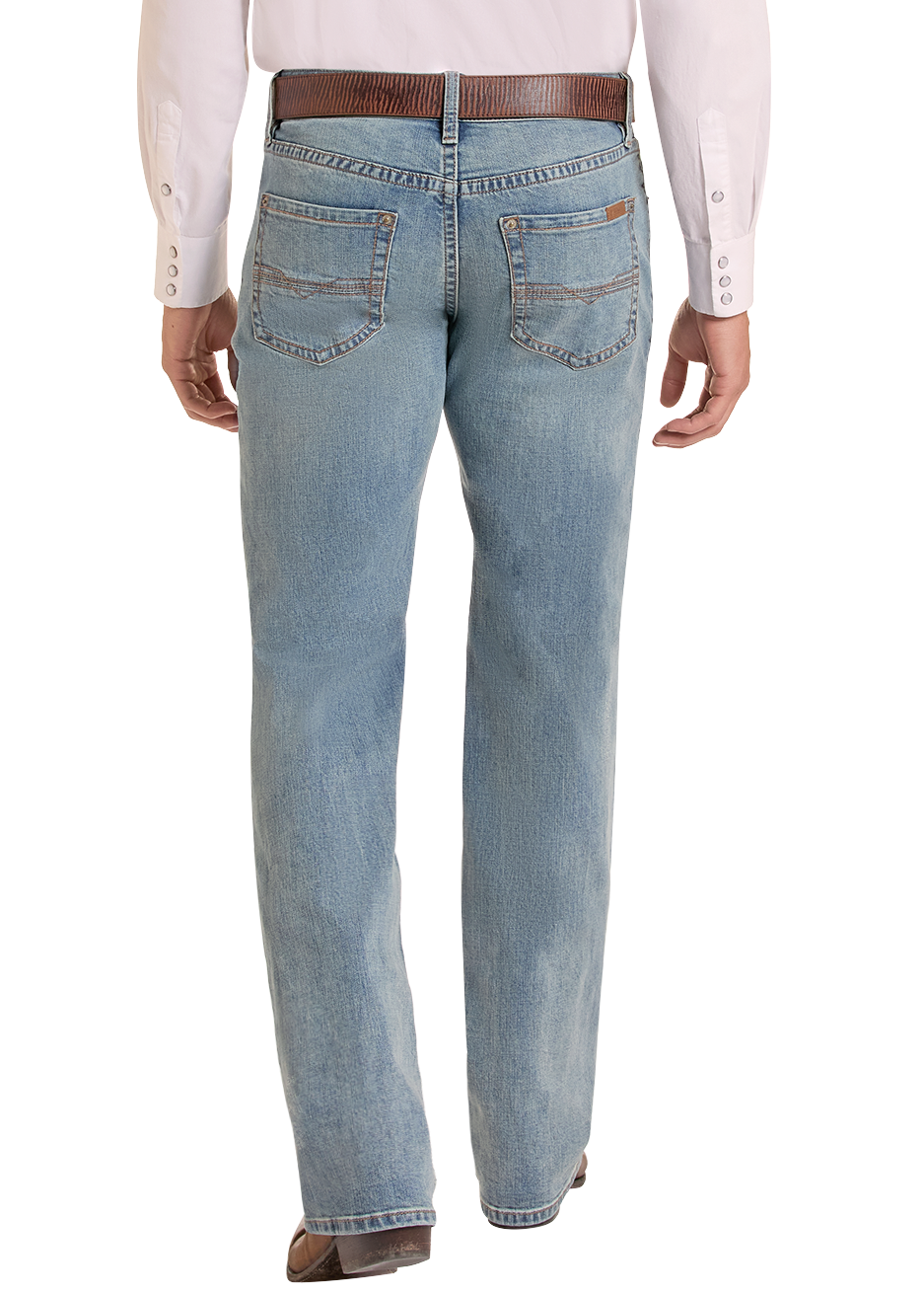 A man shown from the back wearing a light pink long-sleeve button-down shirt, light blue jeans, a brown belt, and a brown cowboy hat, against a plain white background.