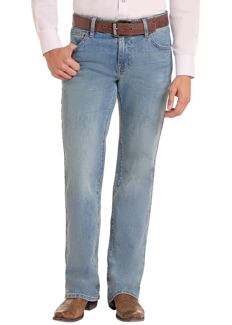 A man modeling a light pink western long-sleeve button-down shirt, light blue jeans, a brown belt, brown cowboy boots, and a brown cowboy hat against a plain white background.
