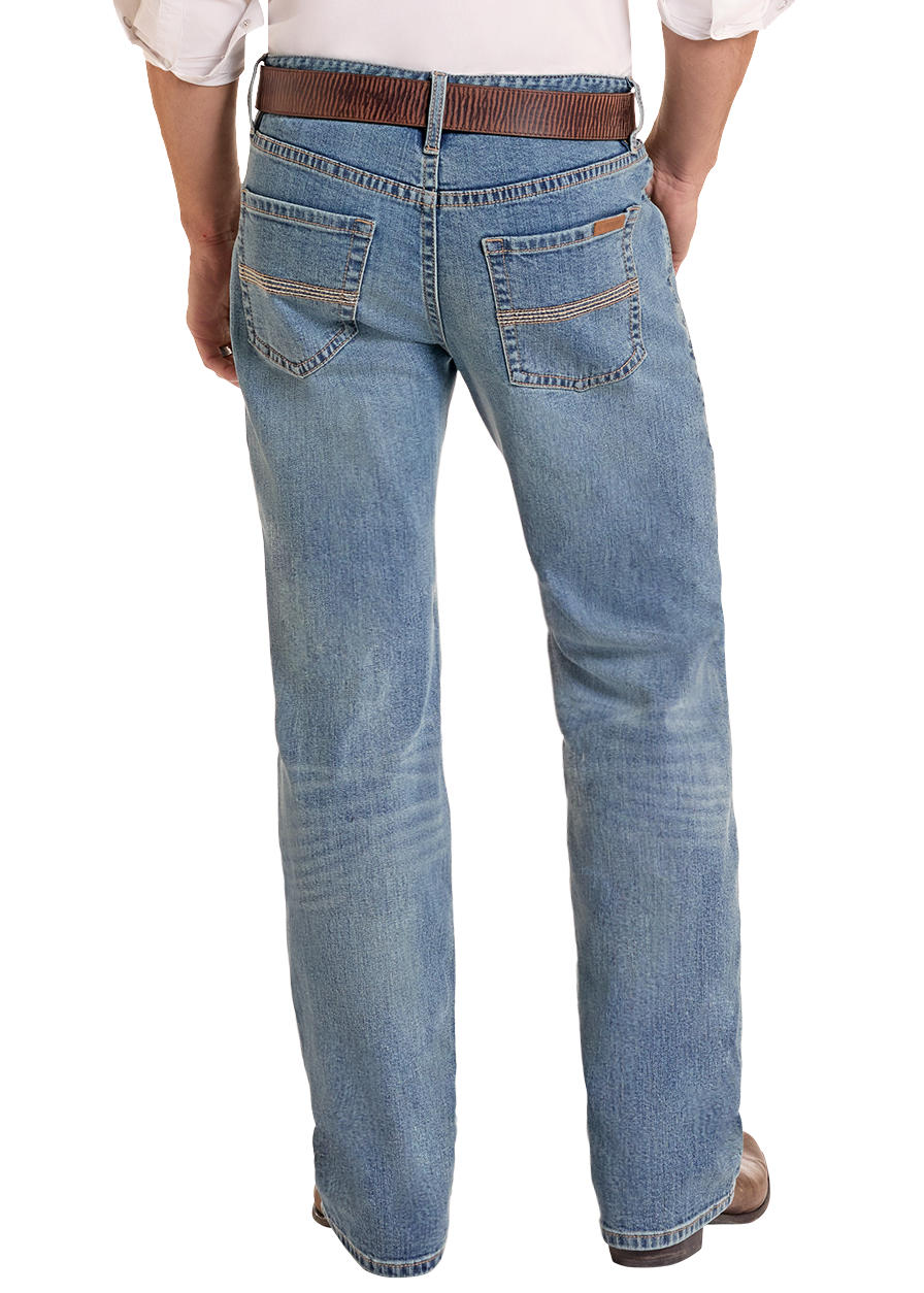 A man shown from the back wearing a light beige cowboy hat, a white western-style shirt, blue jeans, and a brown belt, photographed against a plain white background.