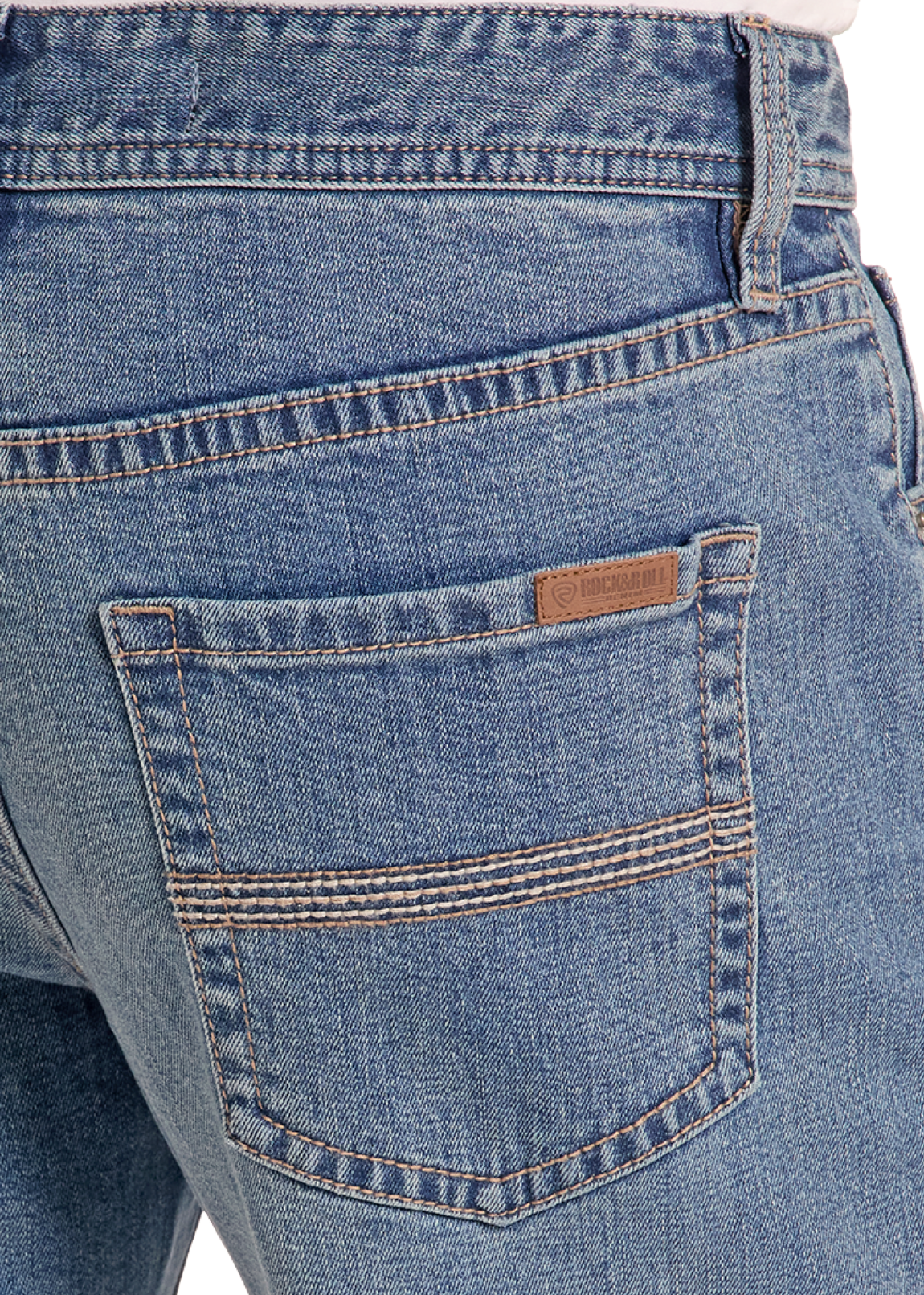 Close-up of the back of a pair of light blue denim jeans, showing the back pocket with contrast stitching and a small brown leather brand patch.