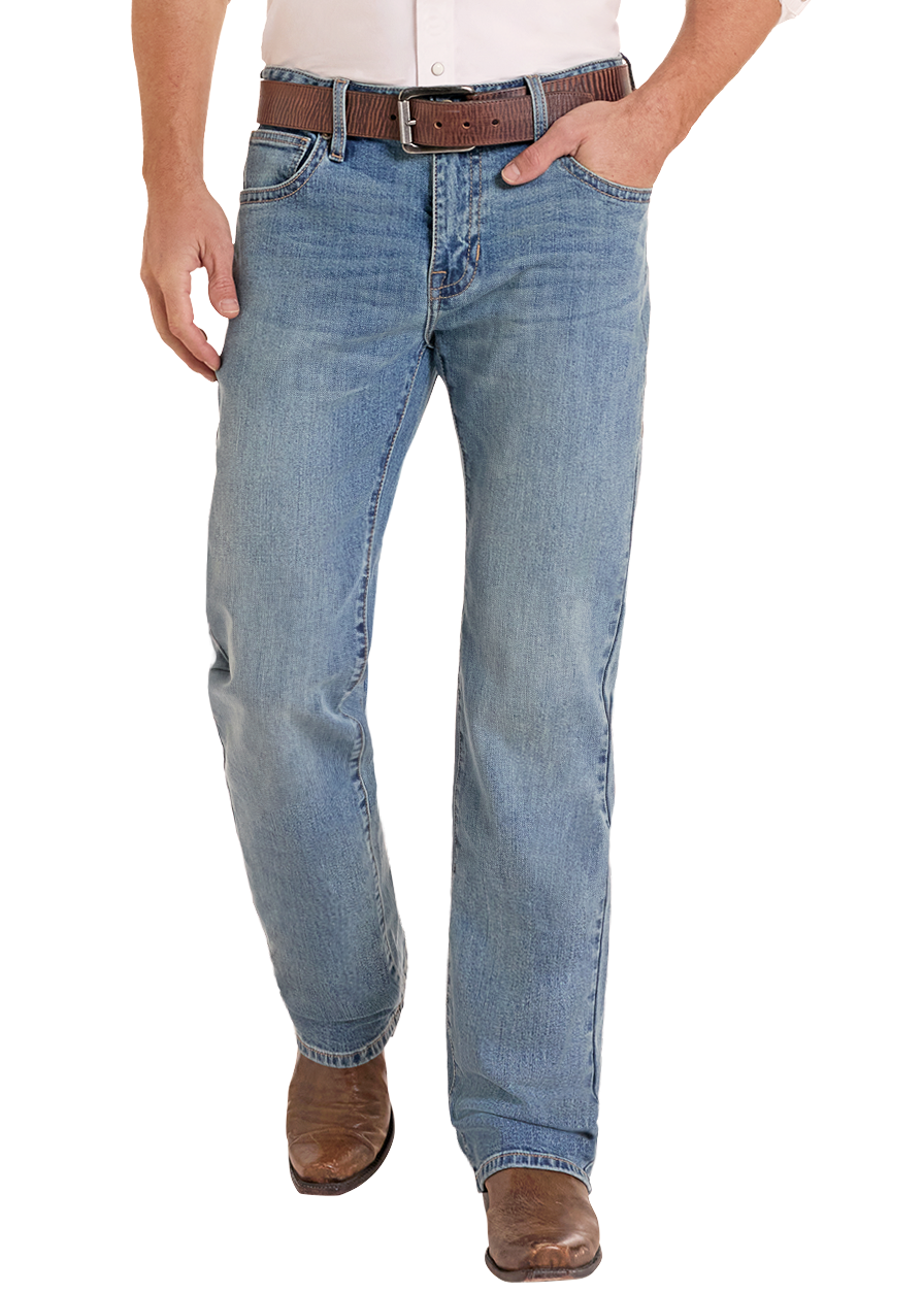 A man modeling a light-colored western shirt, blue jeans, a brown belt, and a cowboy hat against a plain white background.