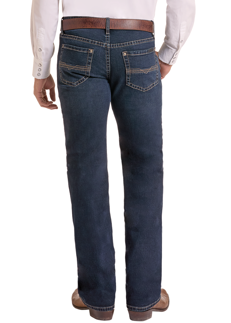 Back view of a man in dark wash relaxed fit jeans.