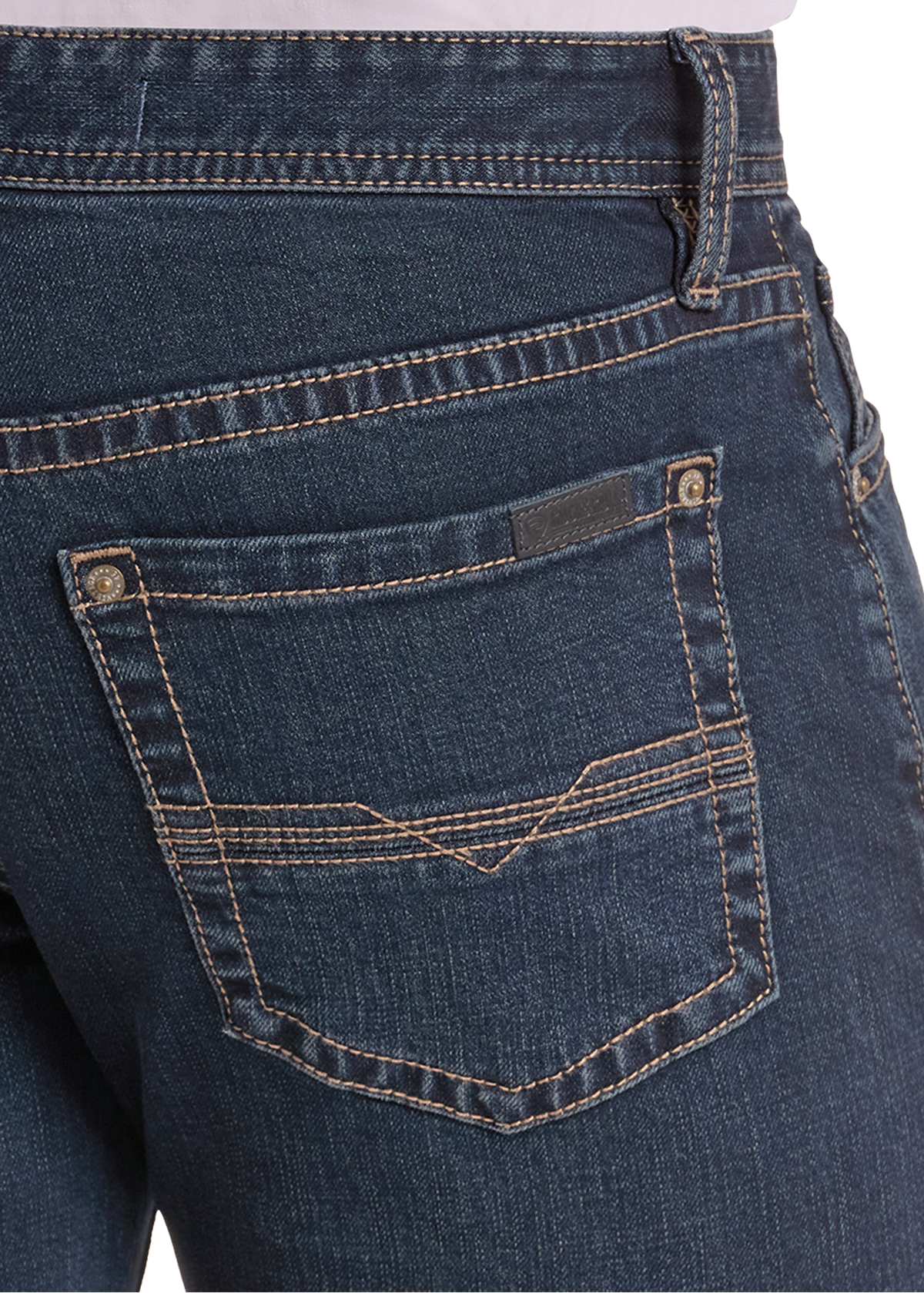 Detail of a simple dark wash denim pocket. 