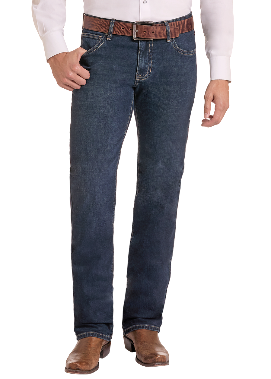 Man in dark wash relaxed fit jeans. 