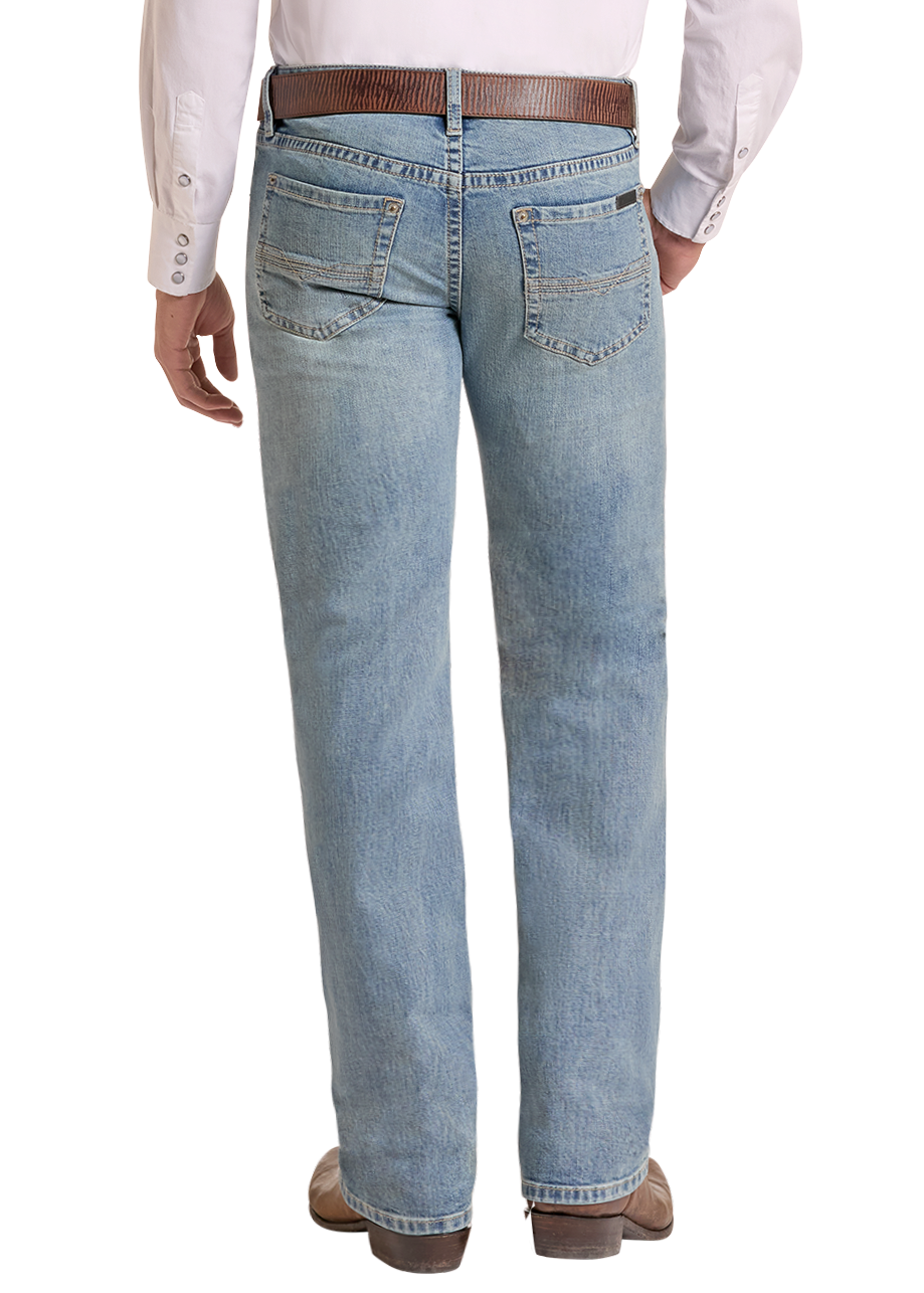Back view of a man wearing light wash relaxed fit jeans.