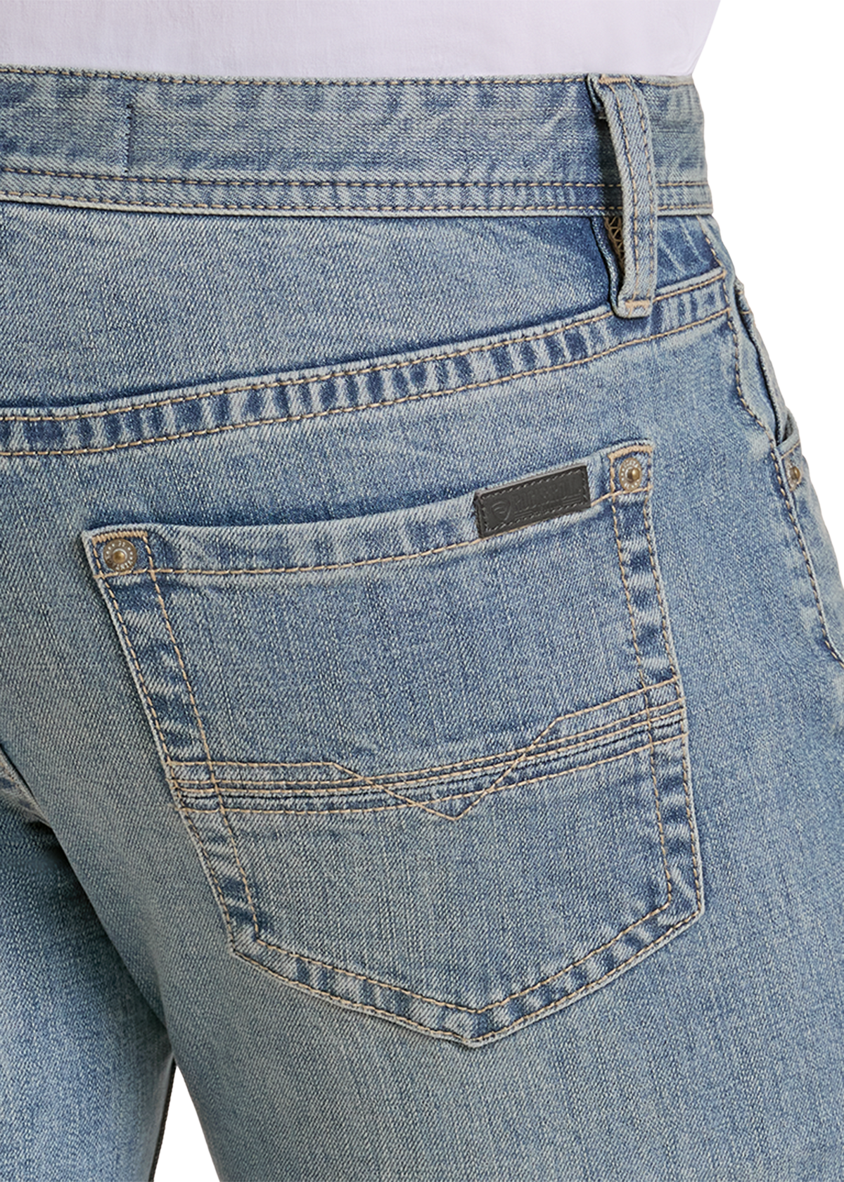 Close-up of a simple light wash denim pocket.