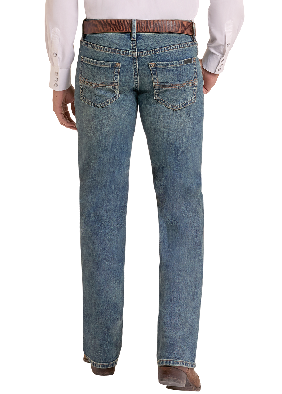 Rear view of a man wearing a white long-sleeve button-down shirt, blue jeans, a brown belt, and a light tan cowboy hat against a white background.