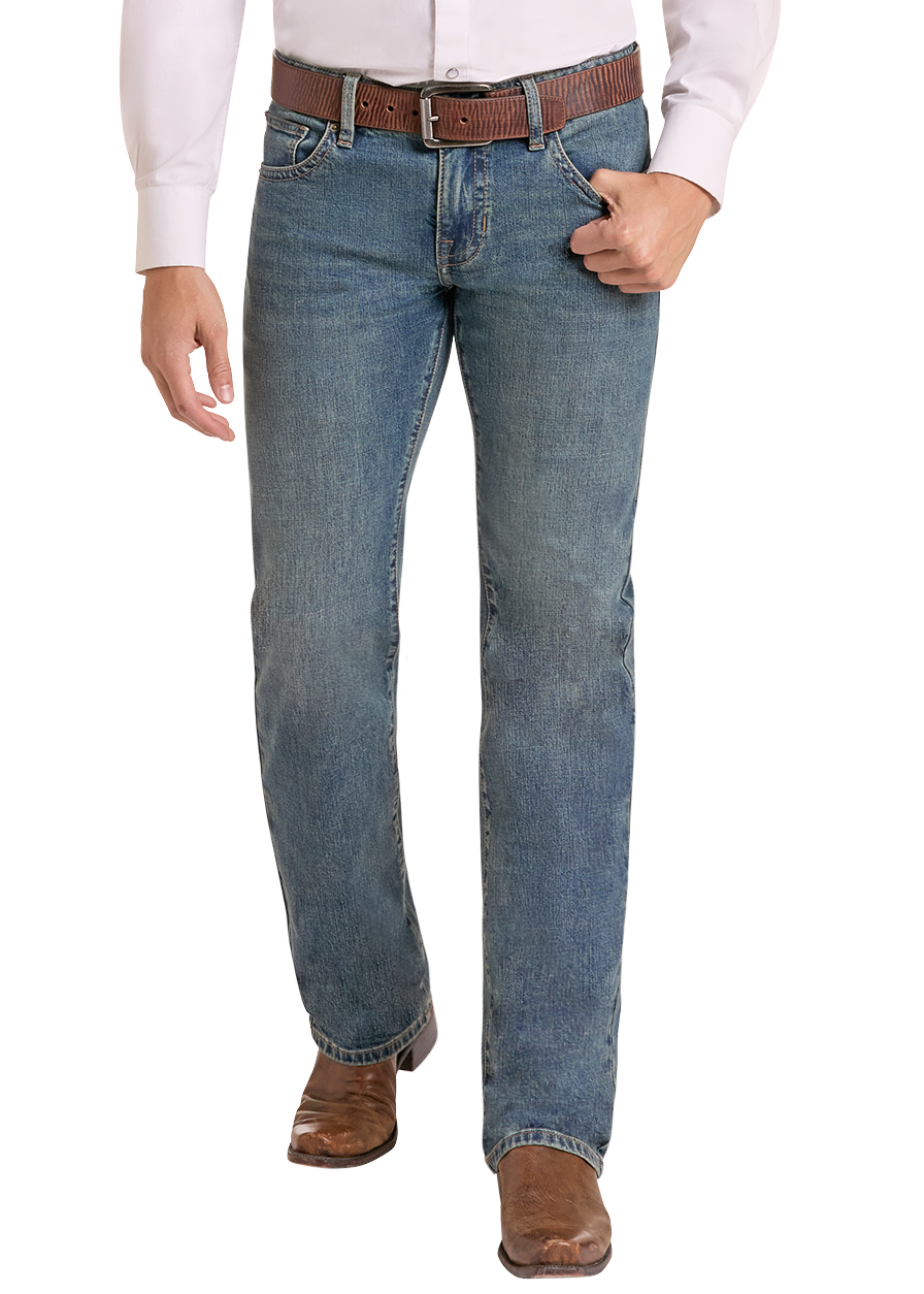 A man modeling a light pink western long-sleeve button-down shirt, blue jeans, a brown belt, and a tan cowboy hat against a plain white background.