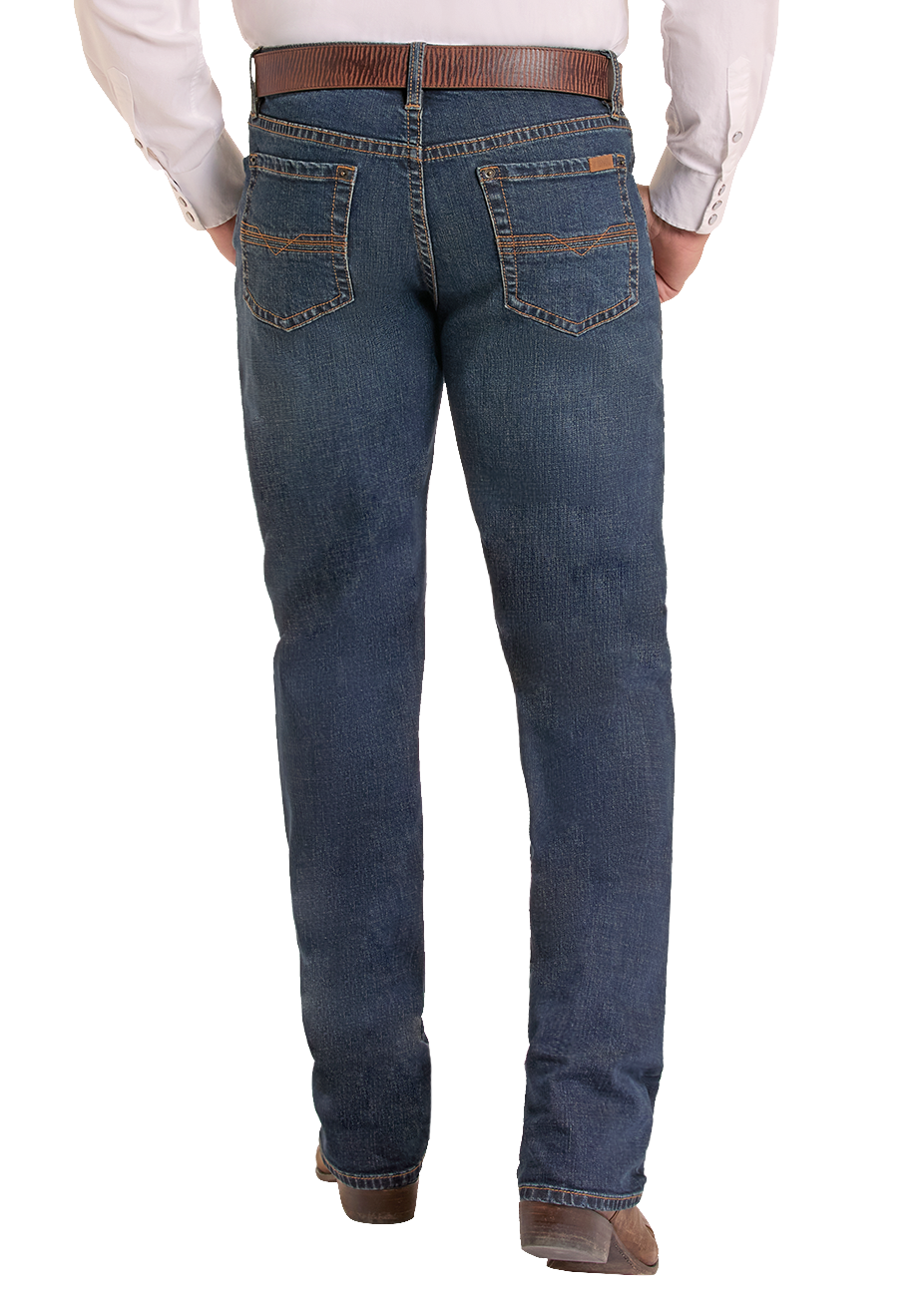 Back view of a man wearing relaxed fit jeans. 