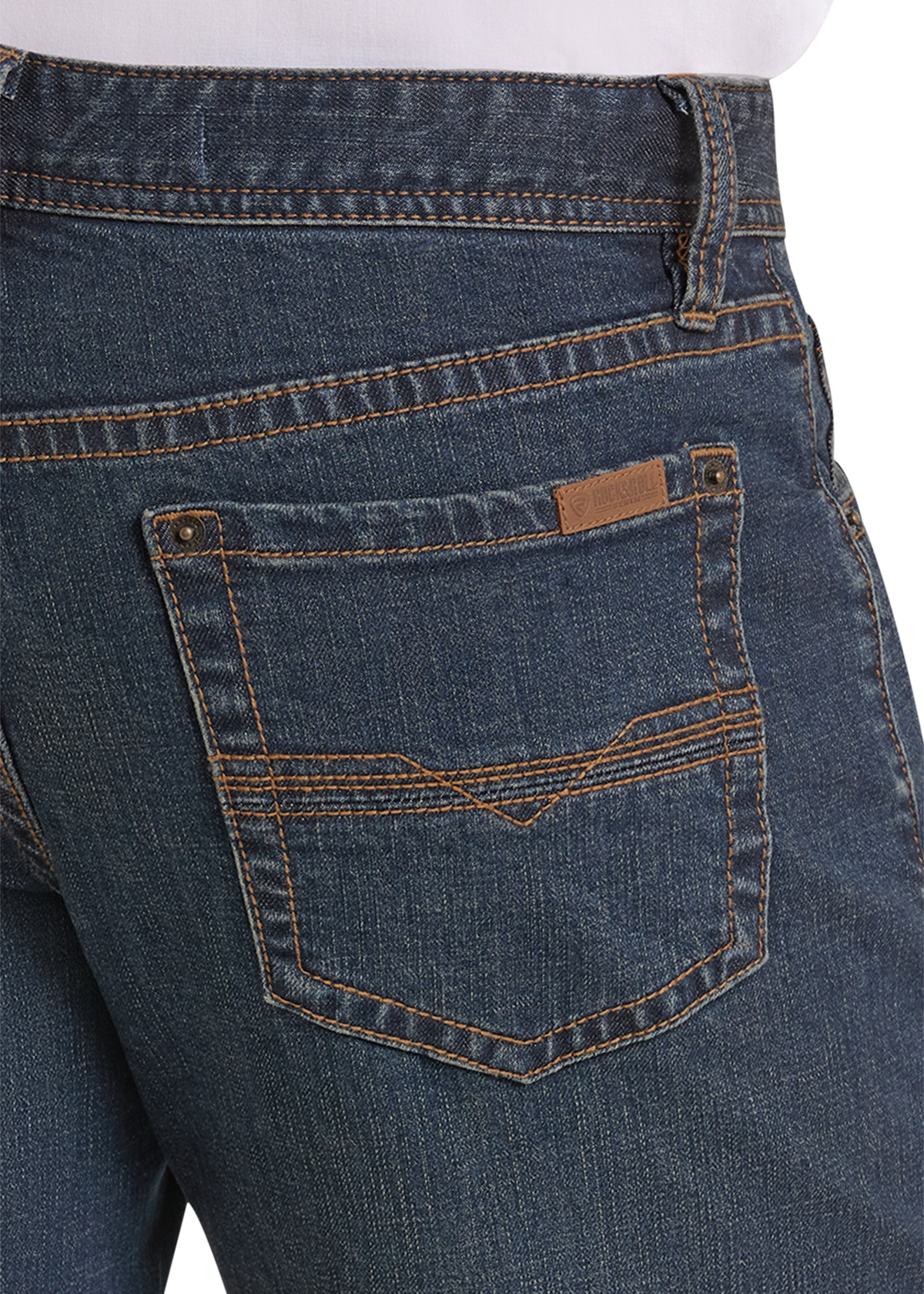 Detail image of a men's dark wash denim pocket. 