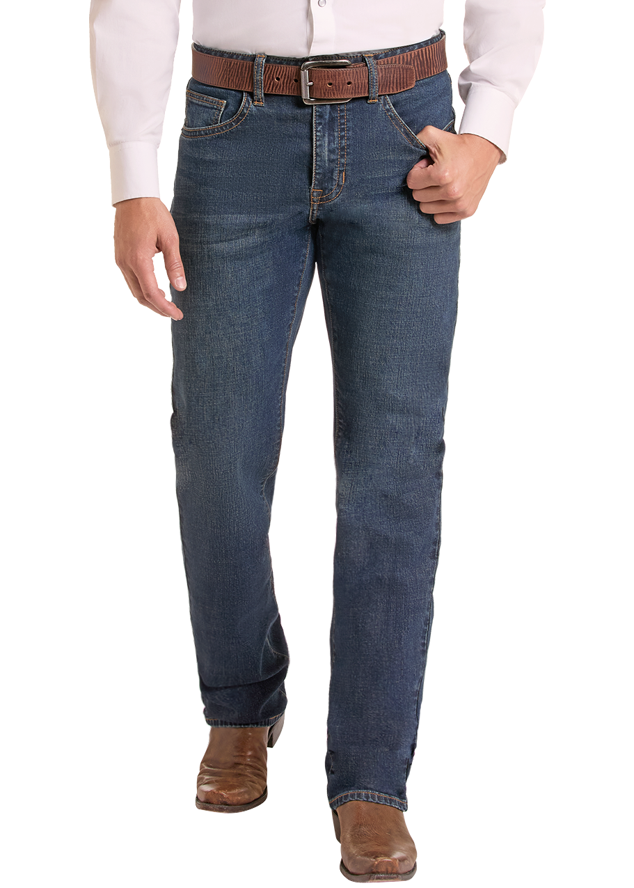 Man in dark wash relaxed fit jeans. 