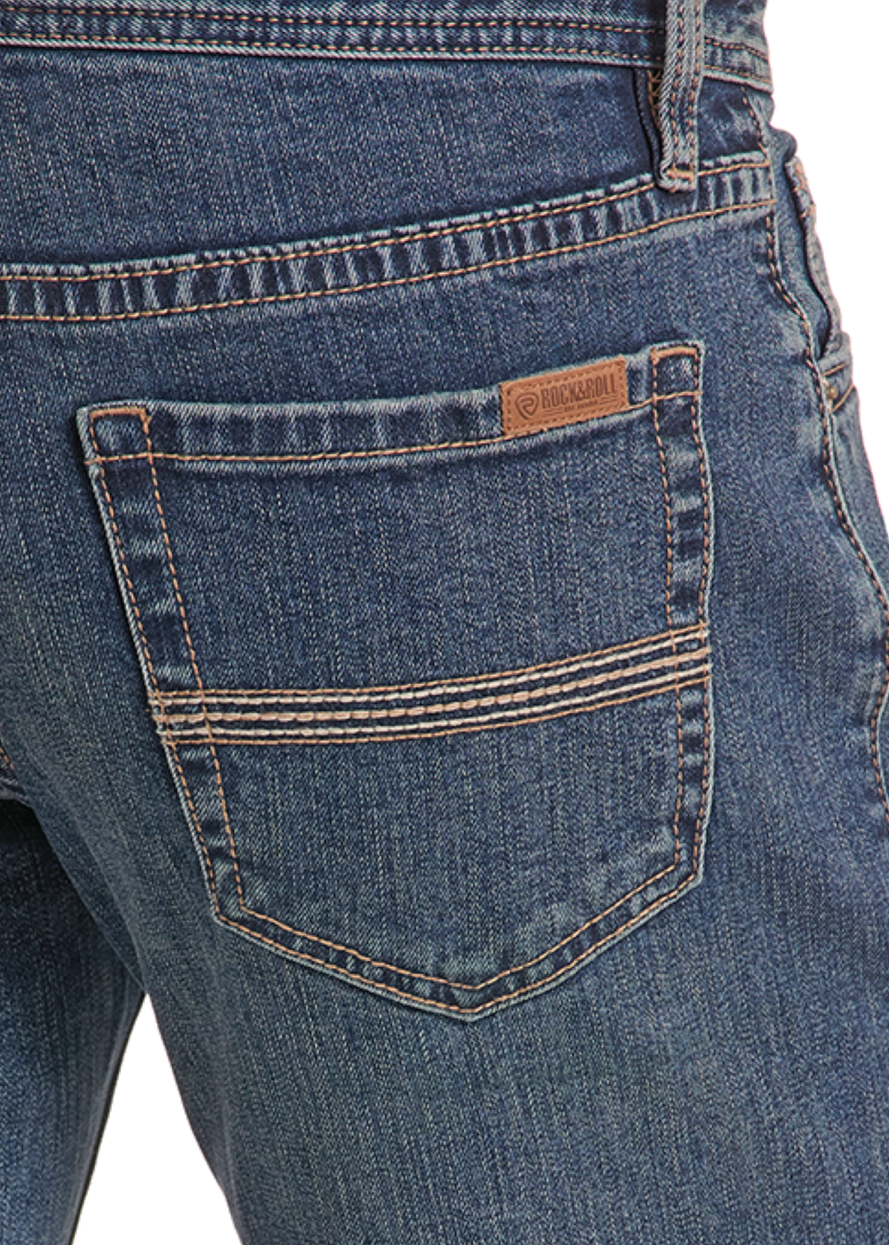 Close-up of blue jeans with a brand logo on the pocket against a white background