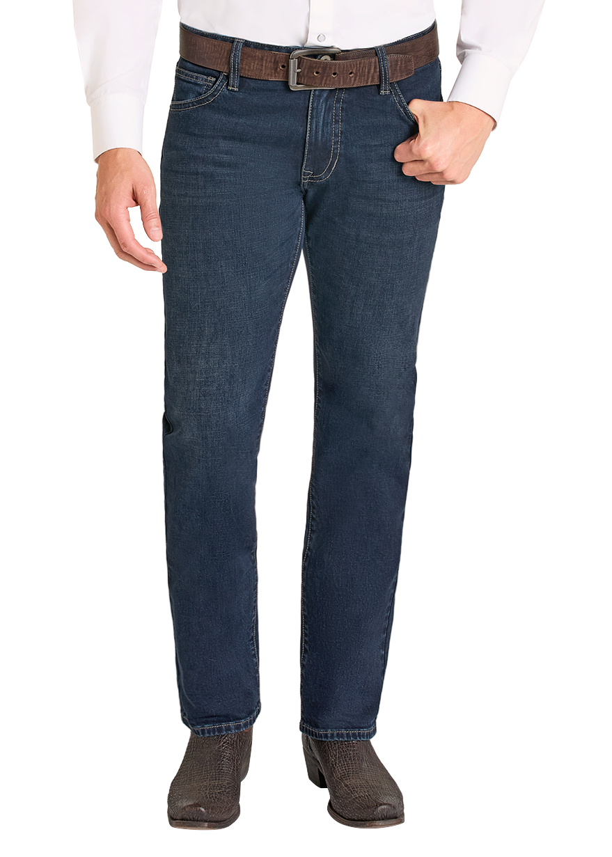 Man wearing a white shirt, blue jeans, and a beige cowboy hat on a white background