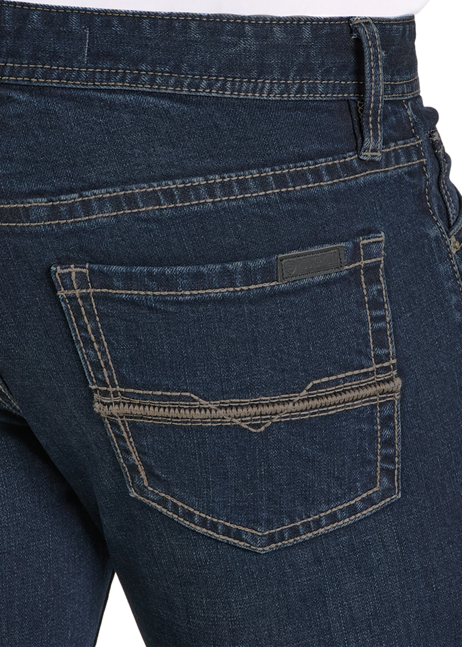 Close-up of a blue denim pocket on a white background