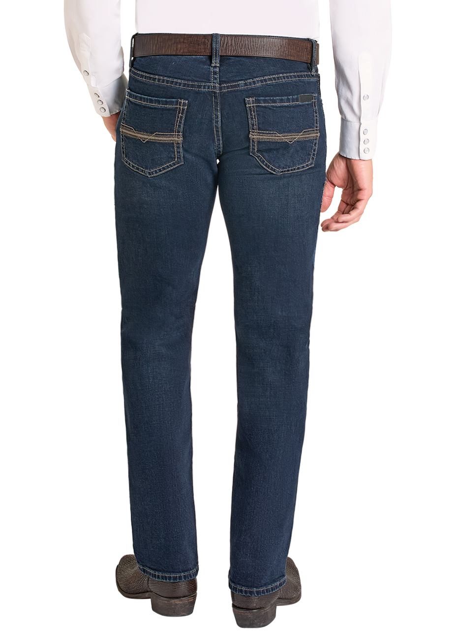 Man wearing a white shirt, blue jeans, and a beige cowboy hat on a white background