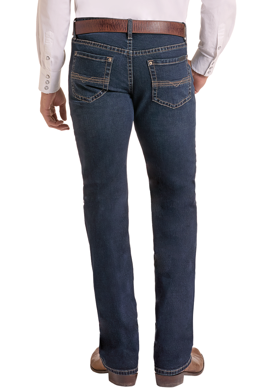 Rear view of a man wearing a white long-sleeve western shirt, dark blue jeans, a brown belt, and a black cowboy hat against a white background.