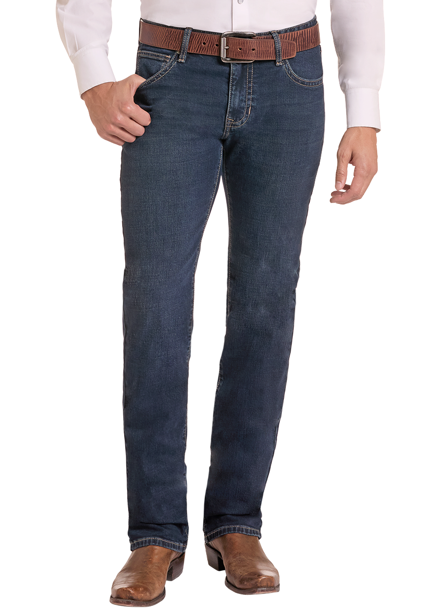 A man modeling a white long-sleeve western shirt with dark blue jeans, a brown belt, and a black cowboy hat against a plain white background.