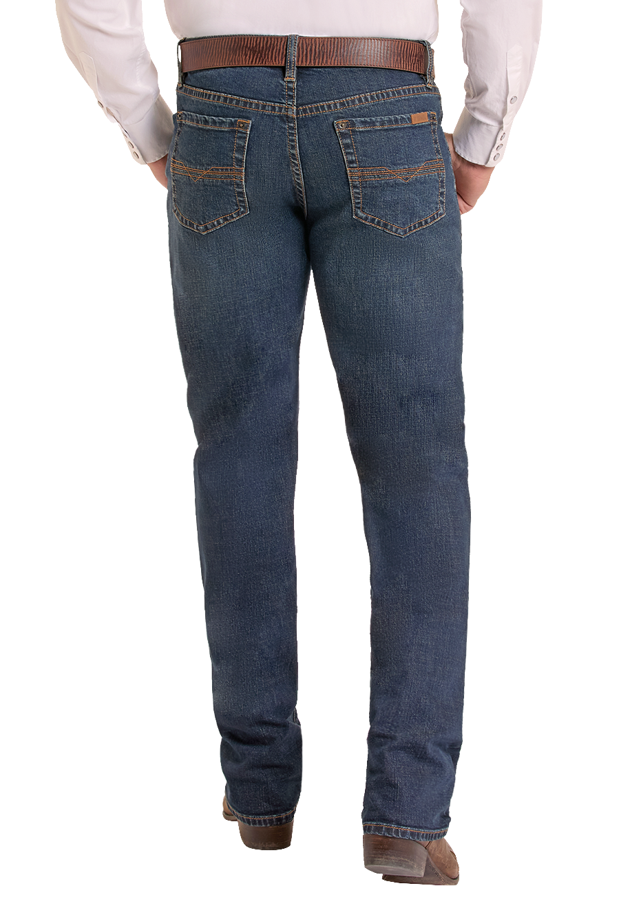 Rear view of a man wearing a white long-sleeve button-down shirt, dark blue jeans, a brown belt, and a brown cowboy hat against a white background.