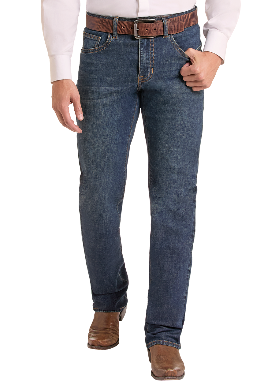 A man modeling a light-colored western long-sleeve button-down shirt, dark blue jeans, a brown belt, and a brown cowboy hat against a plain white background.