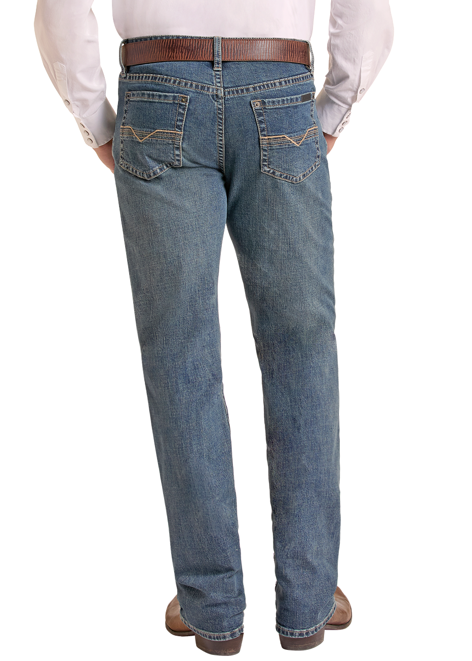 A man shown from the back wearing a light beige cowboy hat, a white long-sleeve button-down shirt, blue jeans, a brown belt, and brown boots, isolated on a white background.