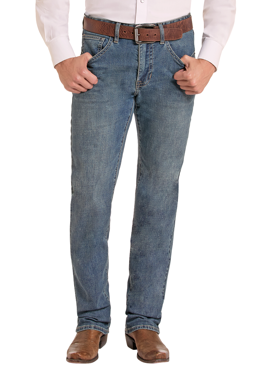 A man modeling a light pink western long-sleeve button-down shirt, blue jeans, a brown belt, and a tan cowboy hat against a plain white background.