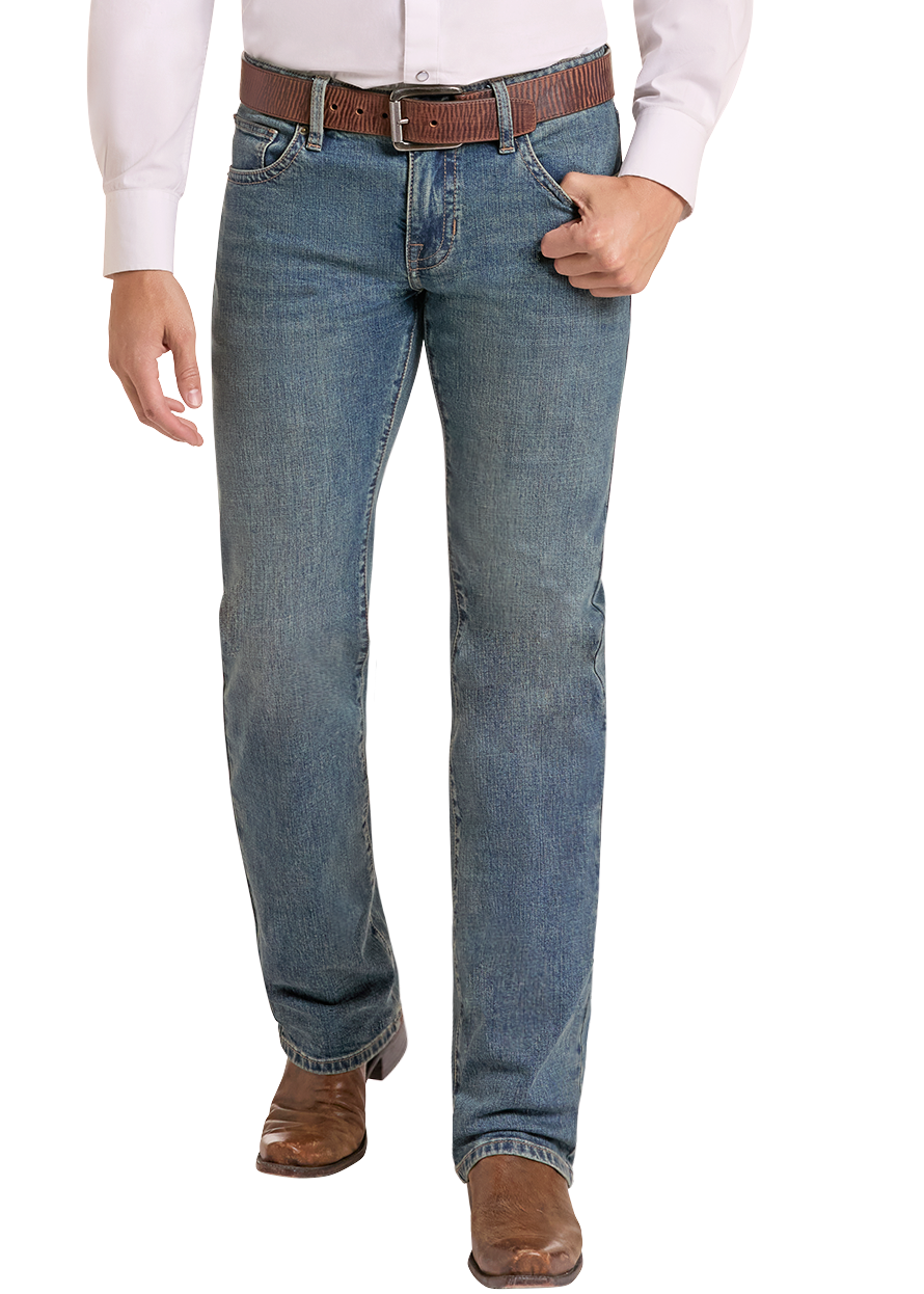 Man wearing light wash, relaxed fit jeans. 
