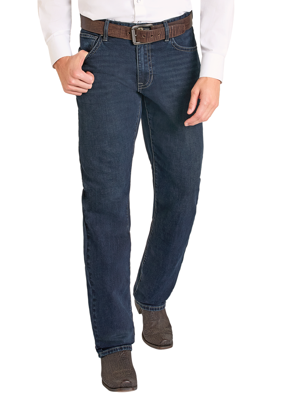 Man wearing a white shirt, blue jeans, and a beige cowboy hat on a white background