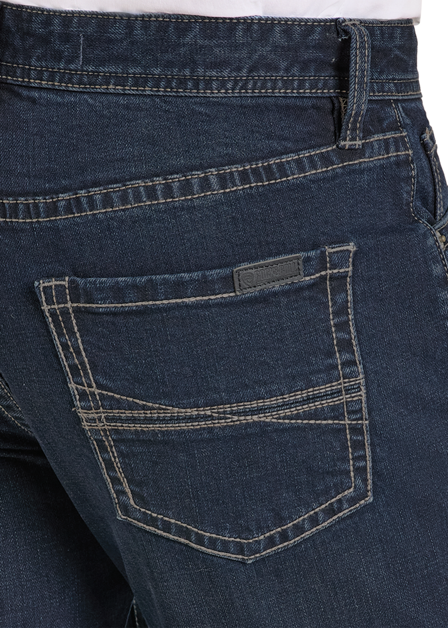 Close-up of a blue denim pocket with stitching details