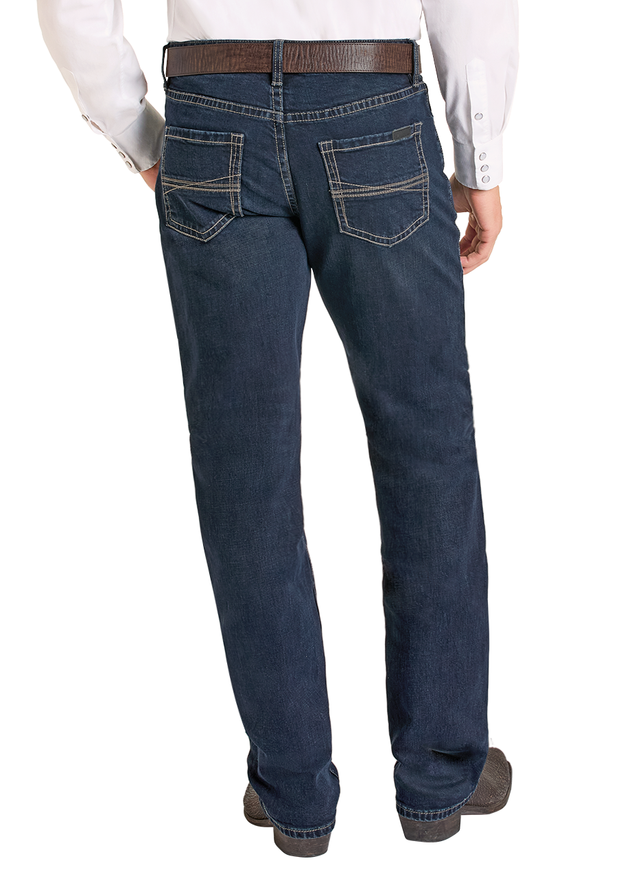 Man wearing a white shirt, blue jeans, and a beige cowboy hat on a white background