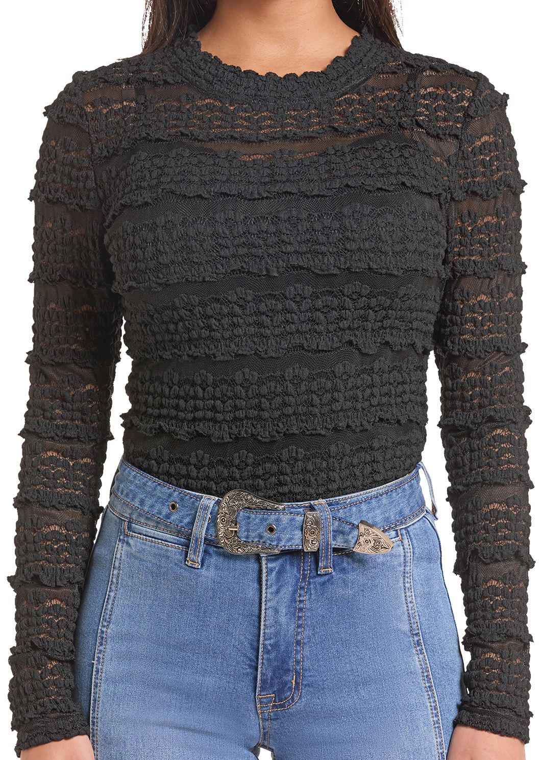 Close up detail image of a woman in a long sleeve black lace shirt. 