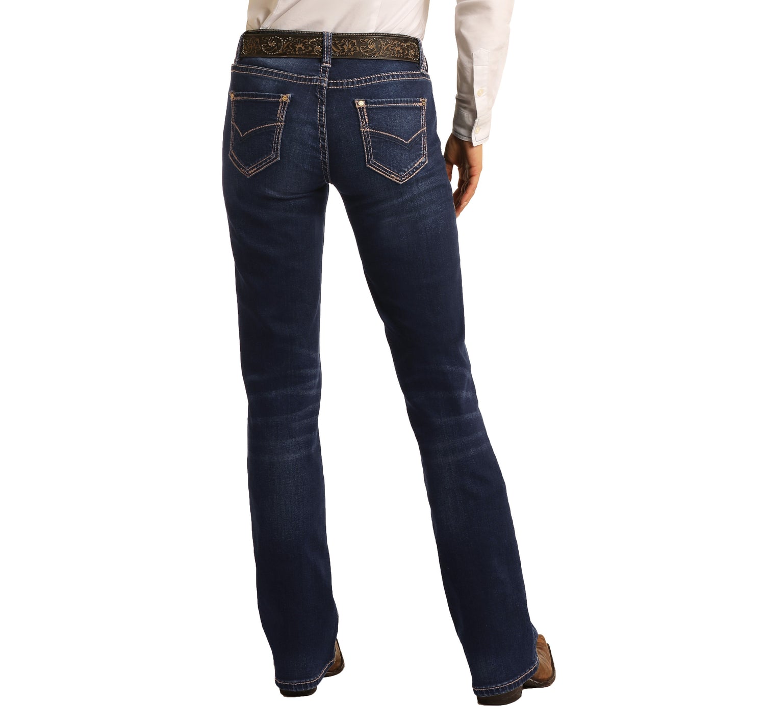 Raised V Embroidery Mid Rise Bootcut Jeans