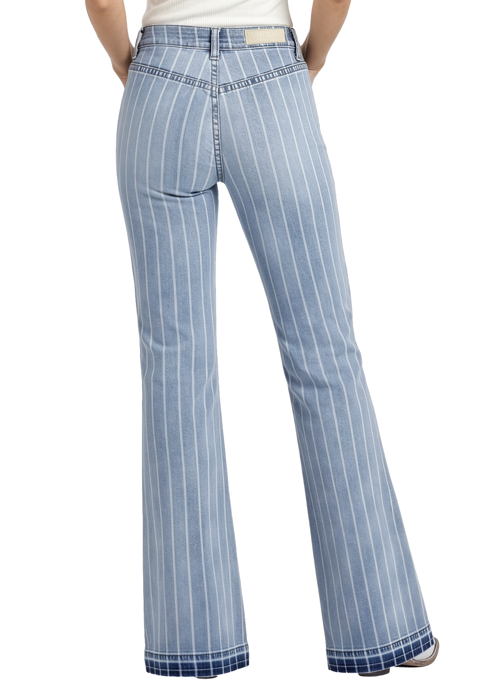 Woman wearing blue striped pants and a white shirt with a straw hat on a white background