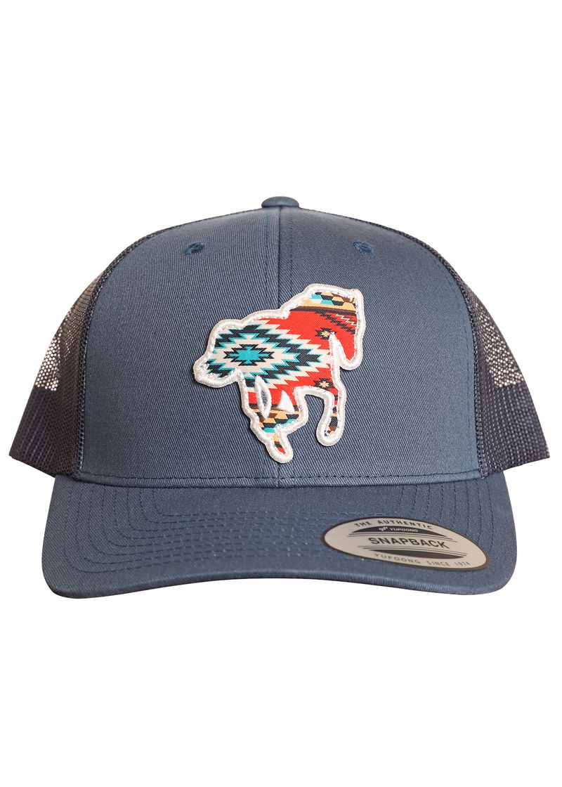 The Rock & Roll Denim Aztec Horse Cap is a blue and black snapback featuring a colorful geometric running horse patch, breathable mesh back, and adjustable fit for comfort.