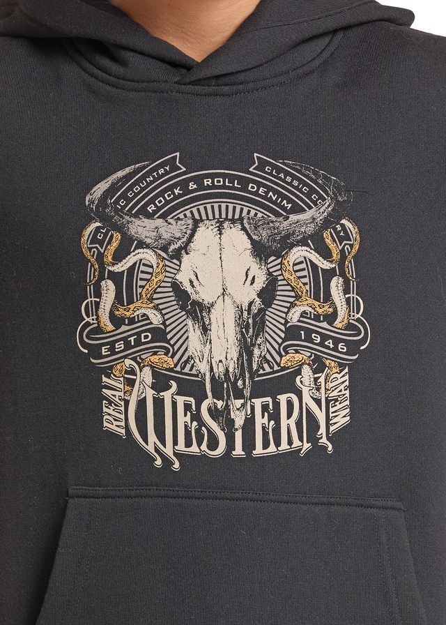 Close-up of a dark charcoal gray hoodie featuring a large graphic print on the chest with a skull, chains, banners, and the words 'REAL WESTERN' and 'ROCK & ROLL DENIM'.