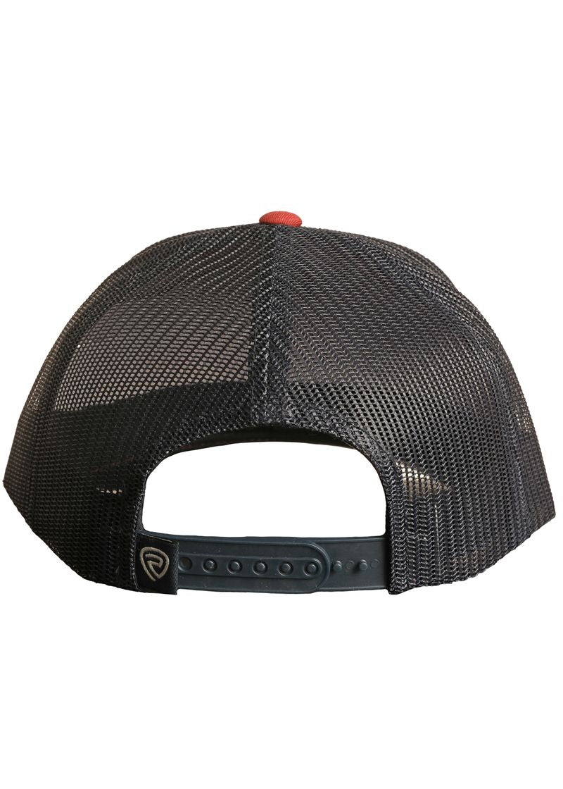 The back of the Rock & Roll Red Aztec Cap by Rock & Roll Denim has a black mesh panel, adjustable snapback closure, and a small logo tag on the strap.