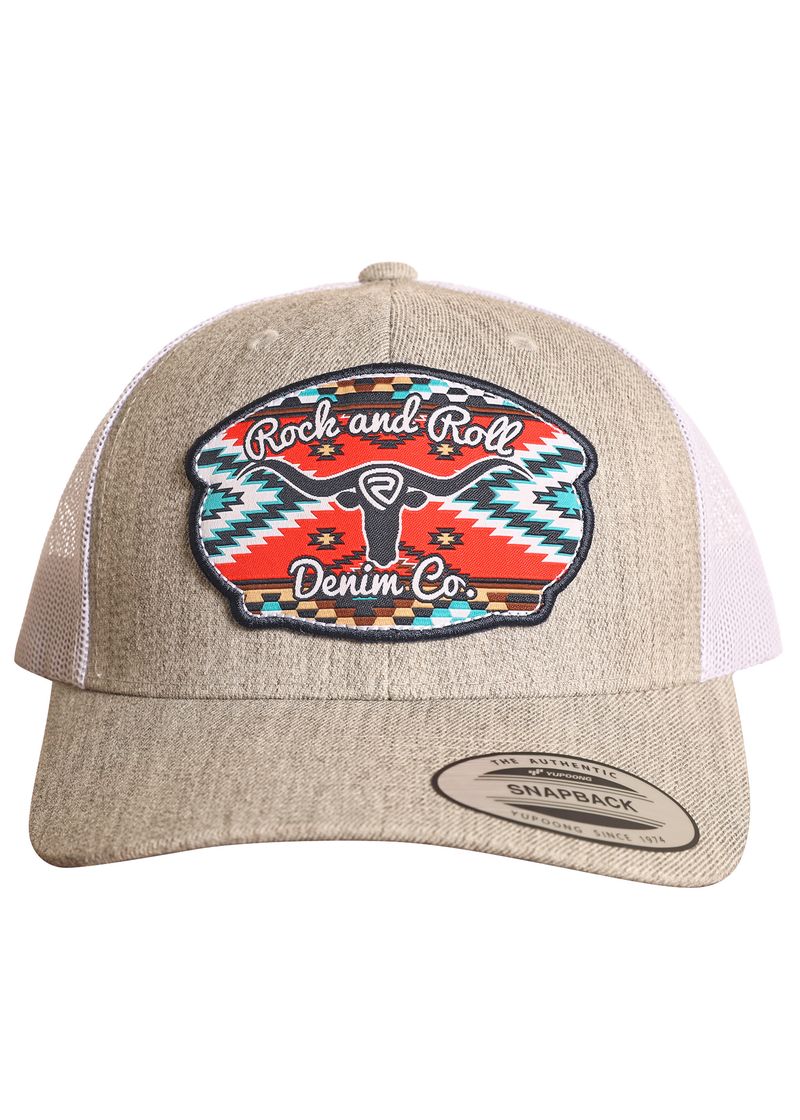 The Rock & Roll Denim Aztec Rock & Roll Denim Co. Cap features a beige and white mesh back and a colorful embroidered patch with red, turquoise, and white southwestern Aztec patterns.