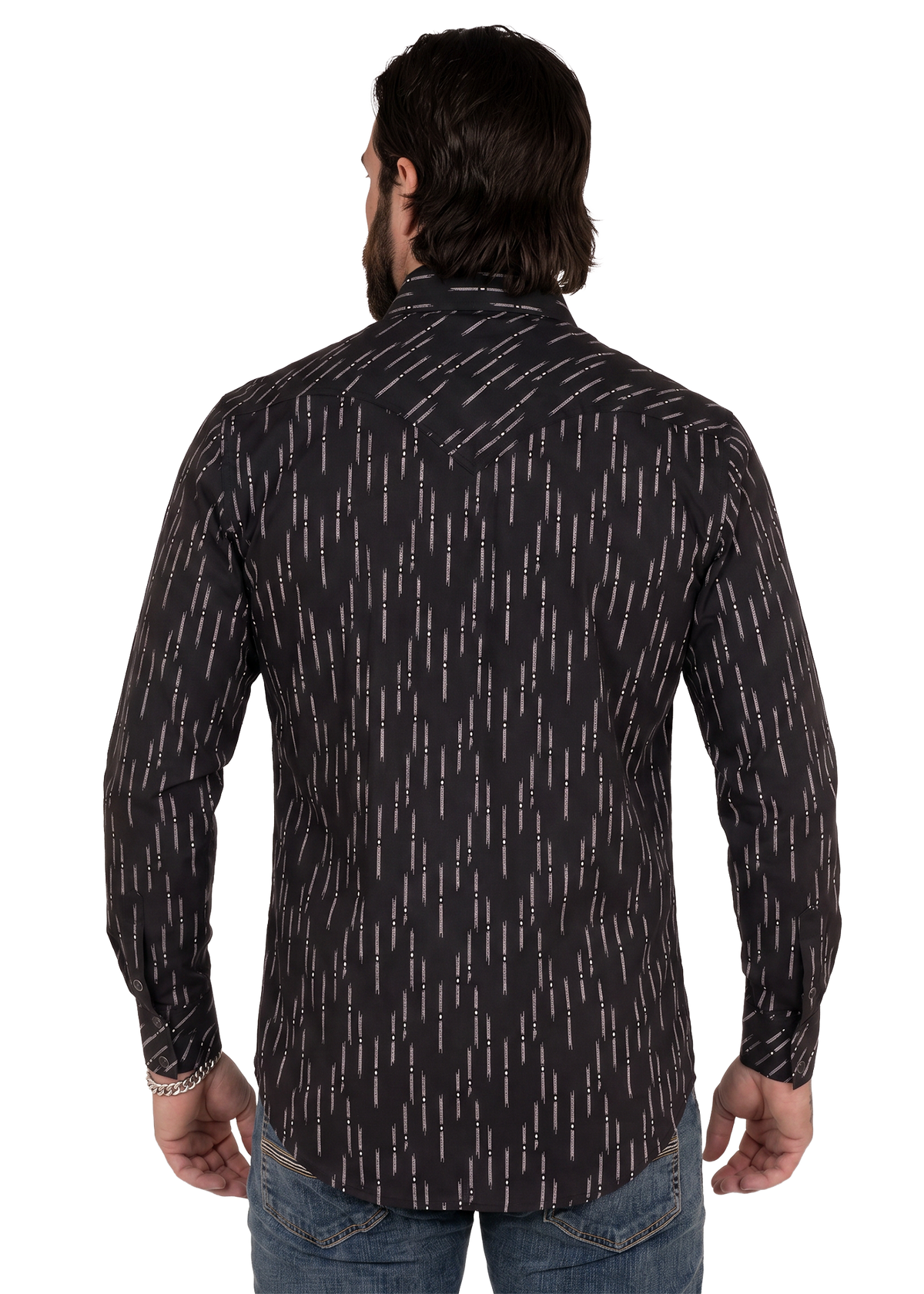 Koe Wetzel viewed from the back wearing a black long-sleeve button-down shirt with a white vertical dash pattern, paired with blue jeans, against a plain white background.