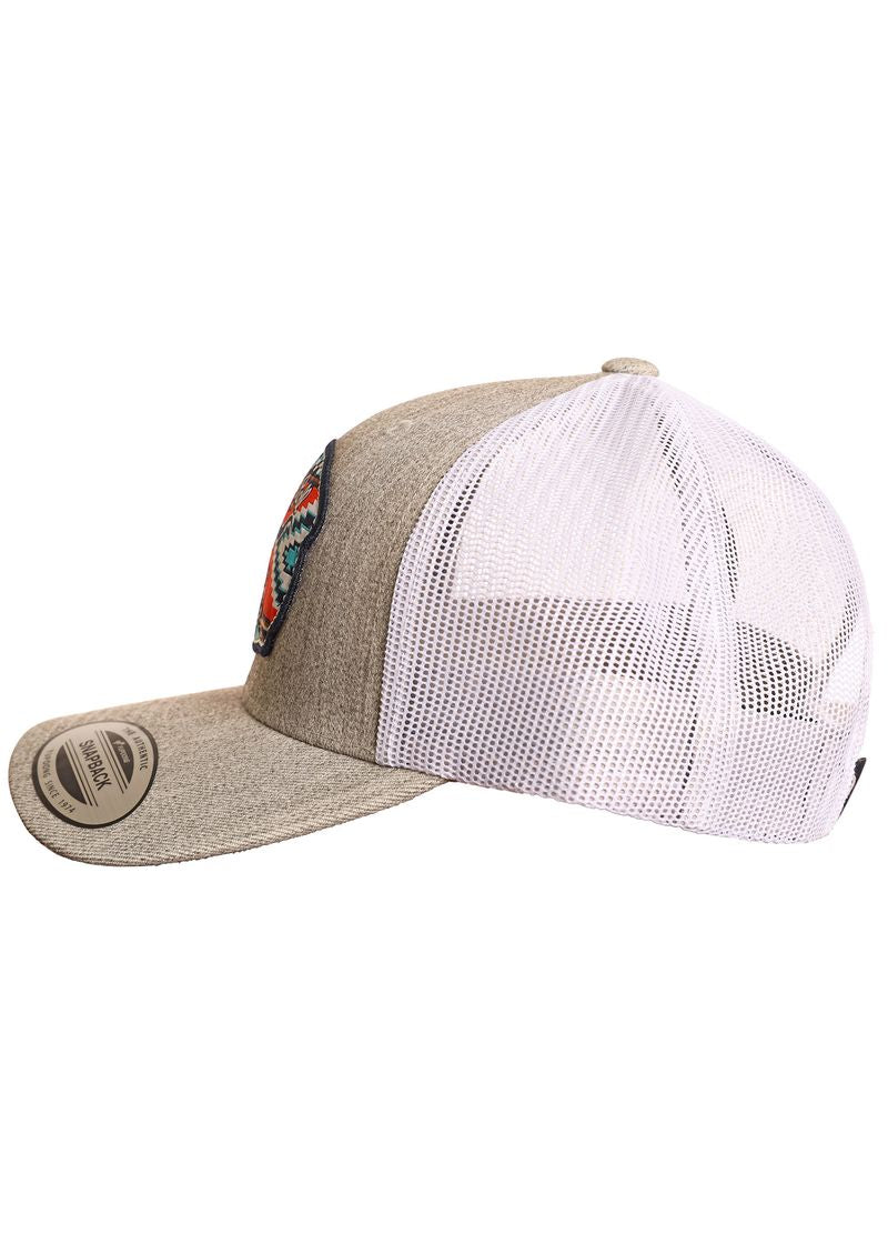 The Aztec Rock & Roll Denim Co. Cap by Rock & Roll Denim features a gray and white mesh back, a round colorful front patch, and a brim sticker, shown from the side.