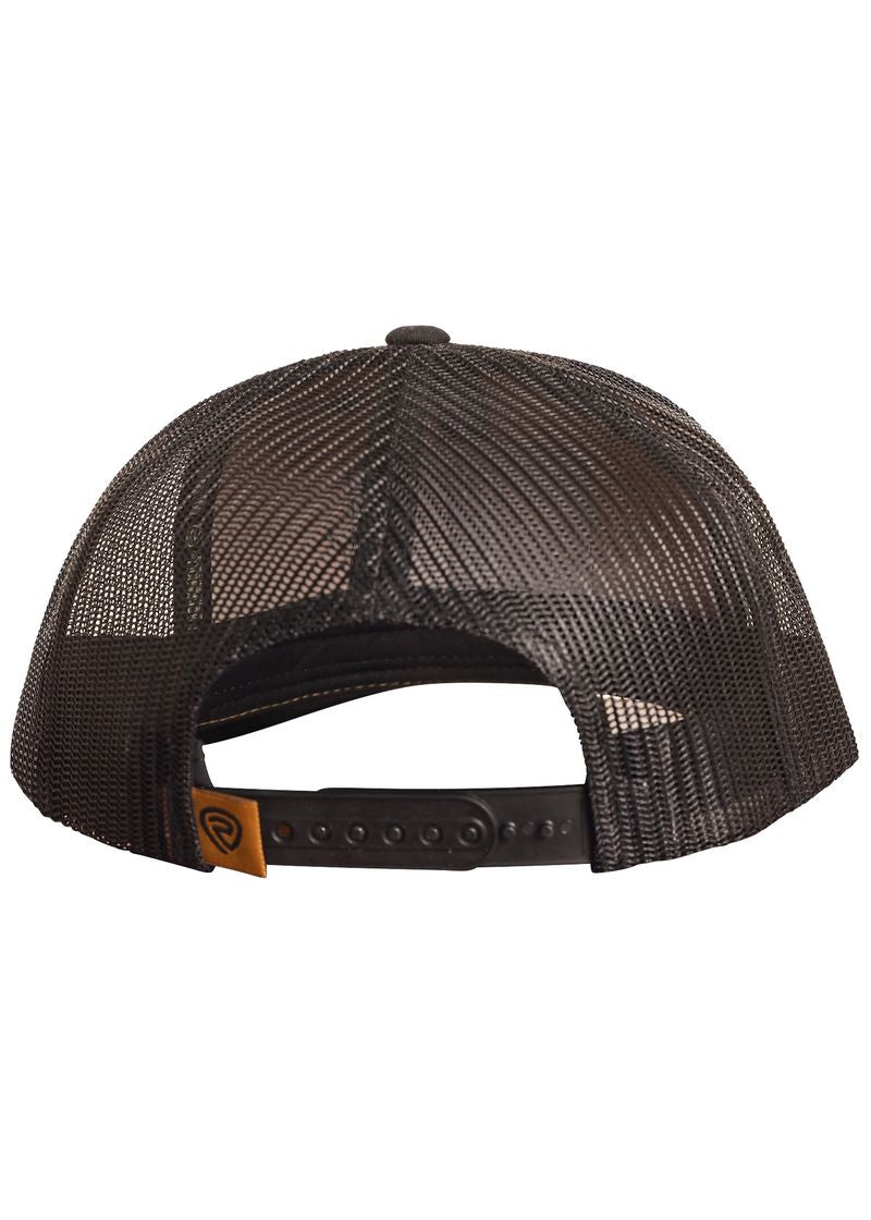 Black mesh trucker hat by Rock & Roll Denim, seen from the back with an adjustable snapback and a brown tag featuring the Dale Brisby Radiator Ranch Skull Cap logo—ideal for fans or anyone wanting ranch style.