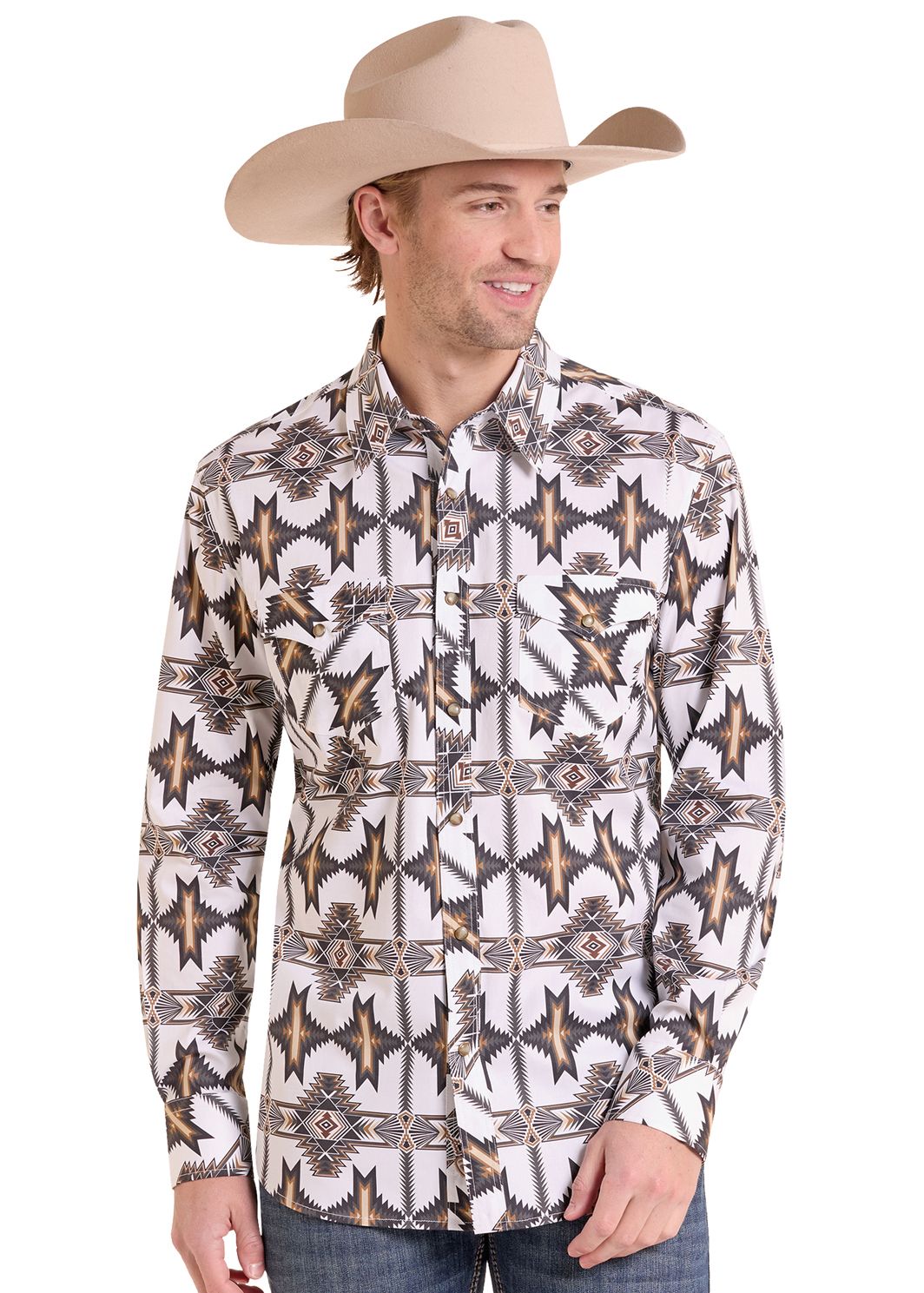 Man in a White Aztec Long Sleeve Snap Shirt